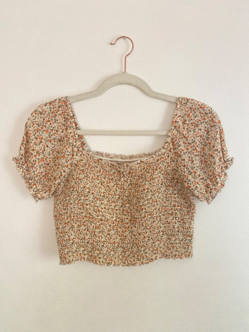 Aerie Smocked Floral Square Neck Puff Sleeve Crop Top Size XS - Picture 3 of 6